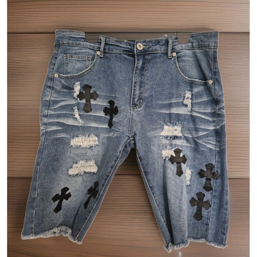 Bleecker & Mercer Distressed Cross Patch Jean Shorts Mens Size 36 Raw Hem Jorts